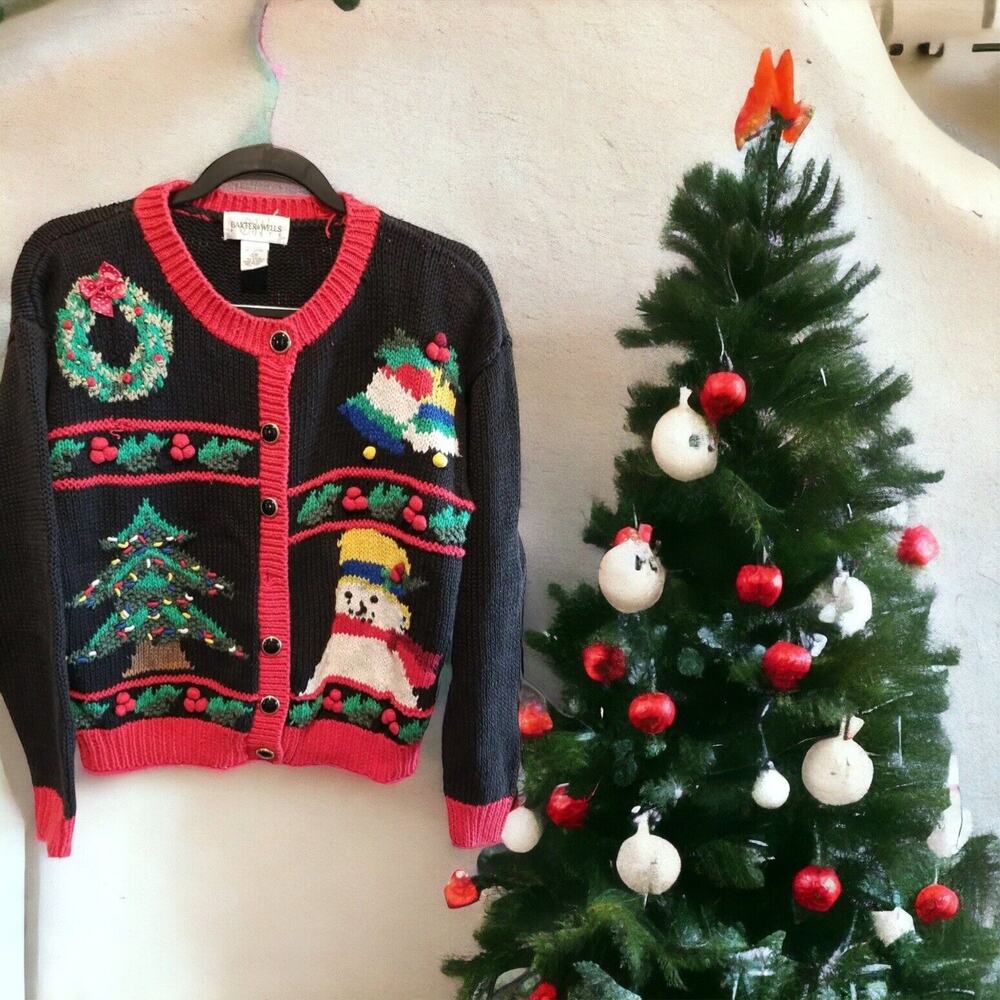 Baxter & Wells Ugly Cute Christmas Cardigan Sweater Petite M Wreath Tree Bells‎